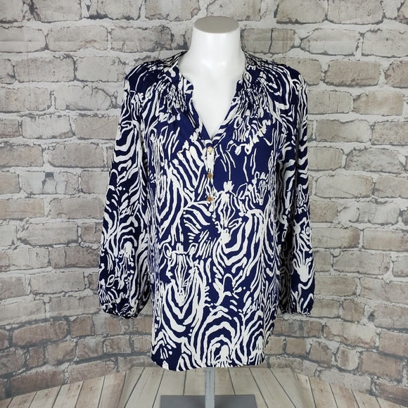 Lilly Pulitzer Coastal 100% Silk Tunic Blouse Royal Blue White Swirl Size Small - Picture 3 of 16